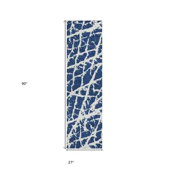 8' Runner Blue and White Abstract Washable Non Skid Indoor Outdoor Runner Rug