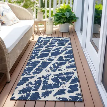 8' Runner Blue and White Abstract Washable Non Skid Indoor Outdoor Runner Rug