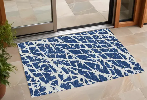 3' X 5' Blue And White Abstract Washable Indoor Outdoor Area Rug
