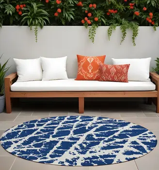 8' Blue And White Round Abstract Washable Indoor Outdoor Area Rug