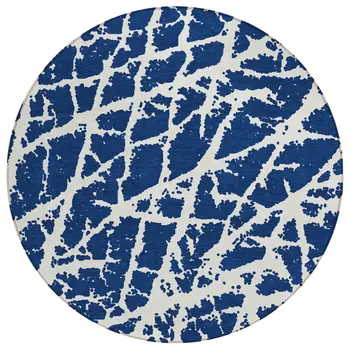 8' Blue And White Round Abstract Washable Indoor Outdoor Area Rug