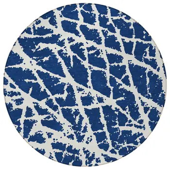 8' Blue And White Round Abstract Washable Indoor Outdoor Area Rug