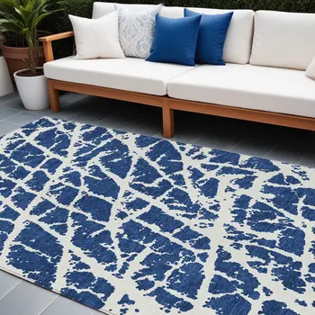 8' X 10' Blue and White Abstract Washable Non Skid Indoor Outdoor Area Rug