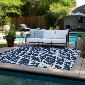 8' X 10' Blue and White Abstract Washable Non Skid Indoor Outdoor Area Rug