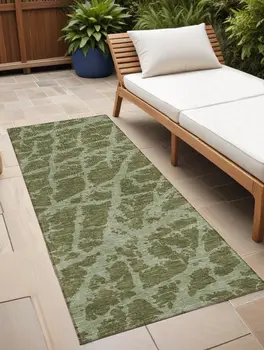 8' Runner Green Abstract Washable Non Skid Indoor Outdoor Runner Rug