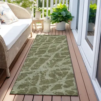 8' Runner Green Abstract Washable Non Skid Indoor Outdoor Runner Rug