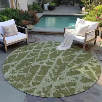 8' Round Green Round Abstract Washable Non Skid Indoor Outdoor Area Rug