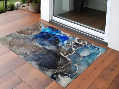 2' X 3' Blue Abstract Washable Non Skid Indoor Outdoor Area Rug