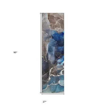 8' Blue Abstract Washable Indoor Outdoor Runner Rug
