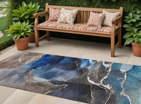 8' Blue Abstract Washable Indoor Outdoor Runner Rug