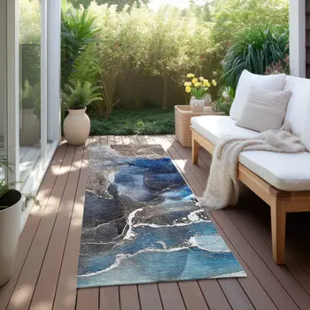 8' Blue Abstract Washable Indoor Outdoor Runner Rug