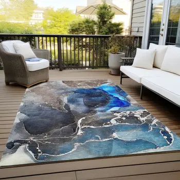5' X 8' Blue Abstract Washable Indoor Outdoor Area Rug