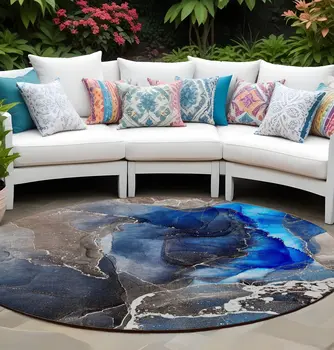 8' Blue Round Abstract Washable Indoor Outdoor Area Rug