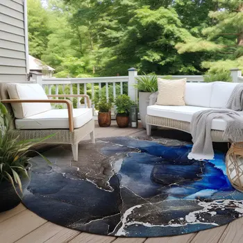 8' Blue Round Abstract Washable Indoor Outdoor Area Rug