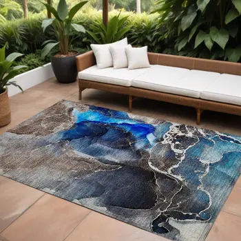 9' X 12' Blue Abstract Washable Indoor Outdoor Area Rug