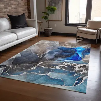 9' X 12' Blue Abstract Washable Indoor Outdoor Area Rug