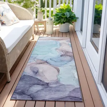 8' Runner Blue Abstract Washable Non Skid Indoor Outdoor Runner Rug