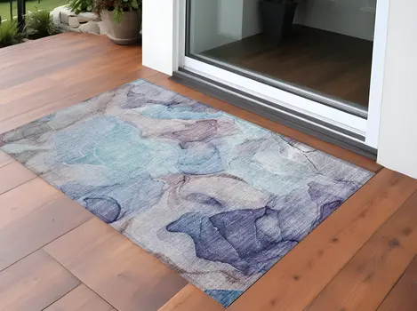 3' X 5' Blue Abstract Washable Non Skid Indoor Outdoor Area Rug