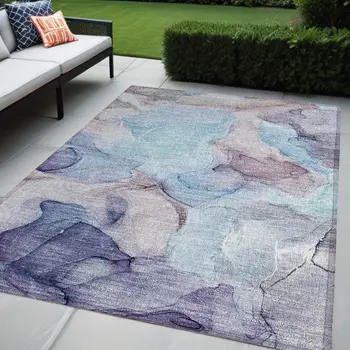 5' X 8' Blue Abstract Washable Non Skid Indoor Outdoor Area Rug