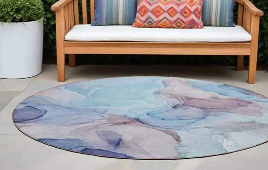 8' Round Blue Round Abstract Washable Non Skid Indoor Outdoor Area Rug