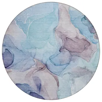 8' Round Blue Round Abstract Washable Non Skid Indoor Outdoor Area Rug