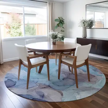 8' Round Blue Round Abstract Washable Non Skid Indoor Outdoor Area Rug