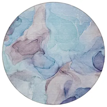 8' Round Blue Round Abstract Washable Non Skid Indoor Outdoor Area Rug