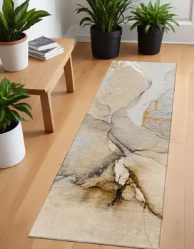 8' Runner Beige Abstract Washable Non Skid Indoor Outdoor Runner Rug
