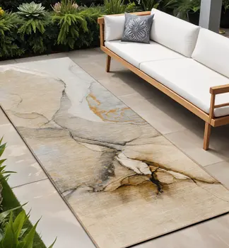 8' Runner Beige Abstract Washable Non Skid Indoor Outdoor Runner Rug