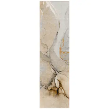 8' Runner Beige Abstract Washable Non Skid Indoor Outdoor Runner Rug