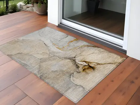 3' X 5' Beige Abstract Washable Non Skid Indoor Outdoor Area Rug