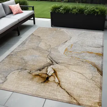 5' X 8' Beige Abstract Washable Non Skid Indoor Outdoor Area Rug