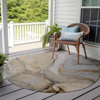 8' Round Beige Round Abstract Washable Non Skid Indoor Outdoor Area Rug