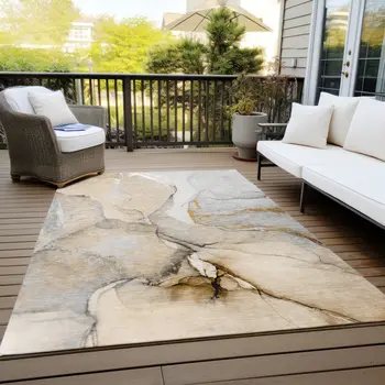 8' X 10' Beige Abstract Washable Non Skid Indoor Outdoor Area Rug