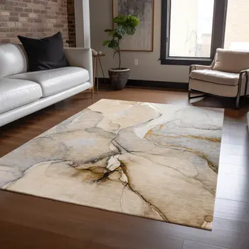 8' X 10' Beige Abstract Washable Non Skid Indoor Outdoor Area Rug
