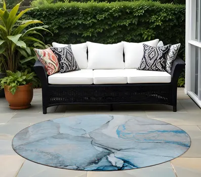 8' Round Blue and Ivory Round Abstract Washable Non Skid Indoor Outdoor Area Rug