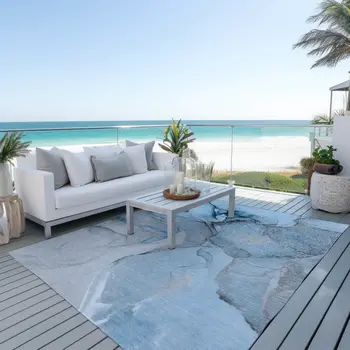 8' X 10' Blue and Ivory Abstract Washable Non Skid Indoor Outdoor Area Rug