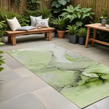 8' Runner Green Abstract Washable Non Skid Indoor Outdoor Runner Rug