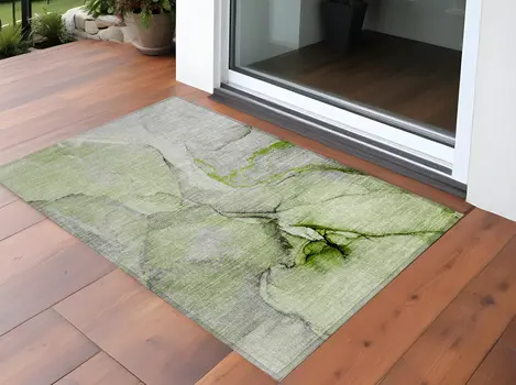 3' X 5' Green Abstract Washable Non Skid Indoor Outdoor Area Rug