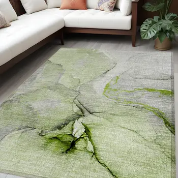 5' X 8' Green Abstract Washable Non Skid Indoor Outdoor Area Rug