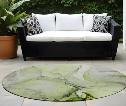 8' Round Green Round Abstract Washable Non Skid Indoor Outdoor Area Rug