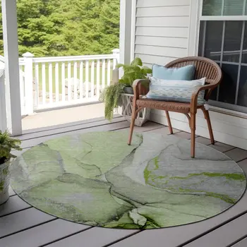 8' Round Green Round Abstract Washable Non Skid Indoor Outdoor Area Rug