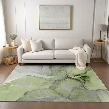 10' X 14' Green Abstract Washable Non Skid Indoor Outdoor Area Rug