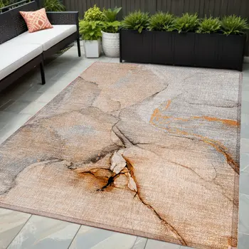 5' X 8' Orange Abstract Washable Non Skid Indoor Outdoor Area Rug