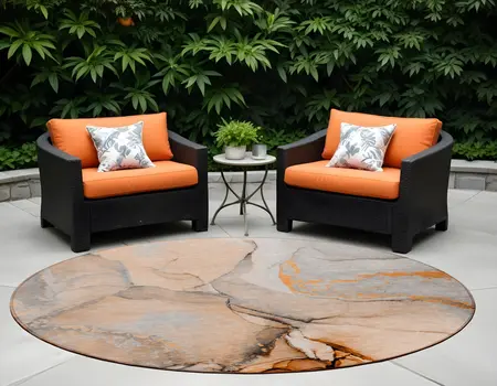 8' Round Orange Round Abstract Washable Non Skid Indoor Outdoor Area Rug
