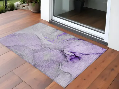 3' X 5' Purple and Ivory Abstract Washable Non Skid Indoor Outdoor Area Rug