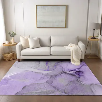 3' X 5' Purple and Ivory Abstract Washable Non Skid Indoor Outdoor Area Rug
