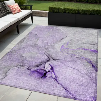 5' X 8' Purple and Ivory Abstract Washable Non Skid Indoor Outdoor Area Rug