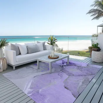 5' X 8' Purple and Ivory Abstract Washable Non Skid Indoor Outdoor Area Rug