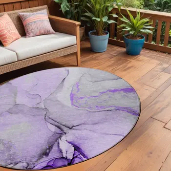 8' Purple And Ivory Round Abstract Washable Indoor Outdoor Area Rug